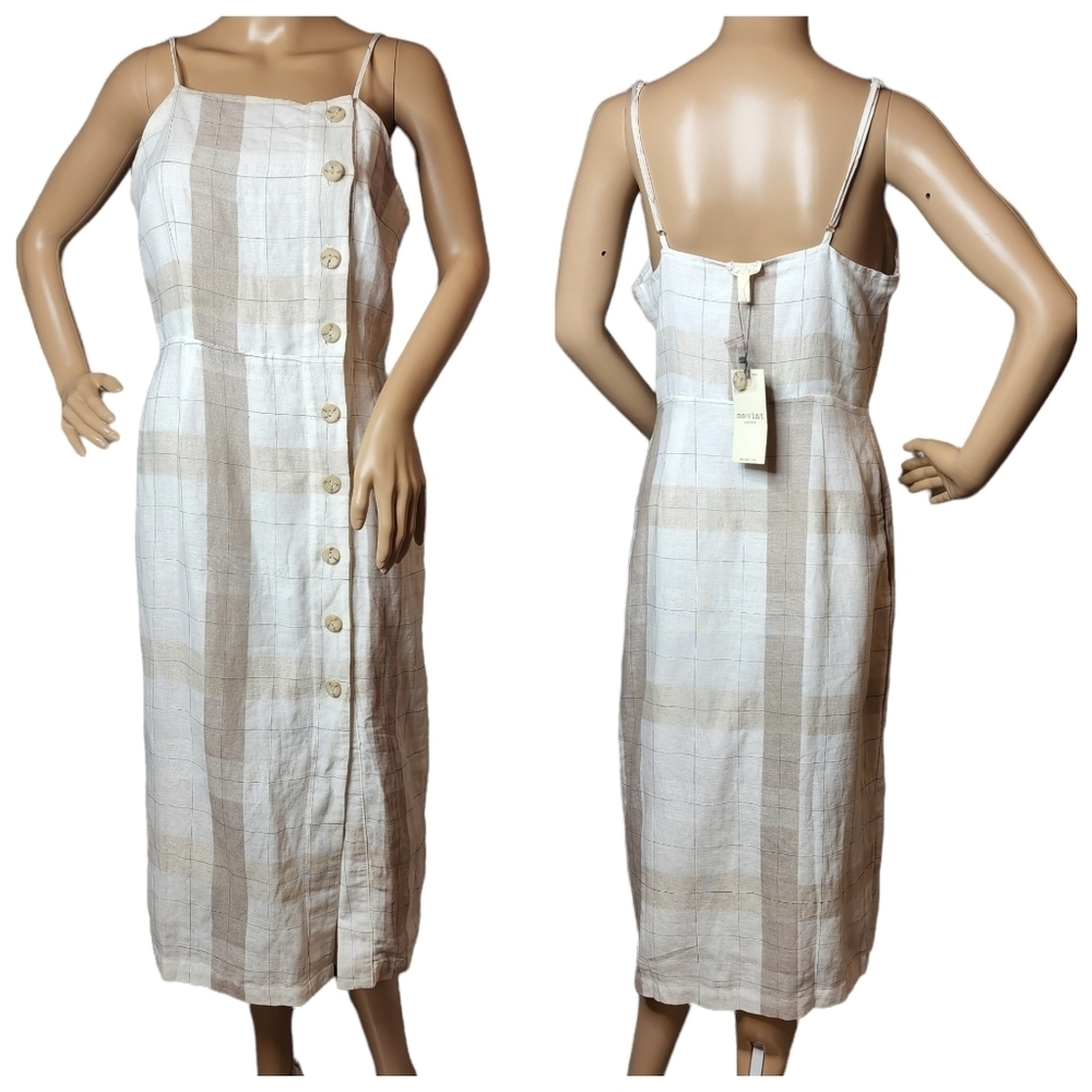 NWT Anthopologie Mo:vint Linen Beige Plaid Sleeveless Button Midi Dress Medium